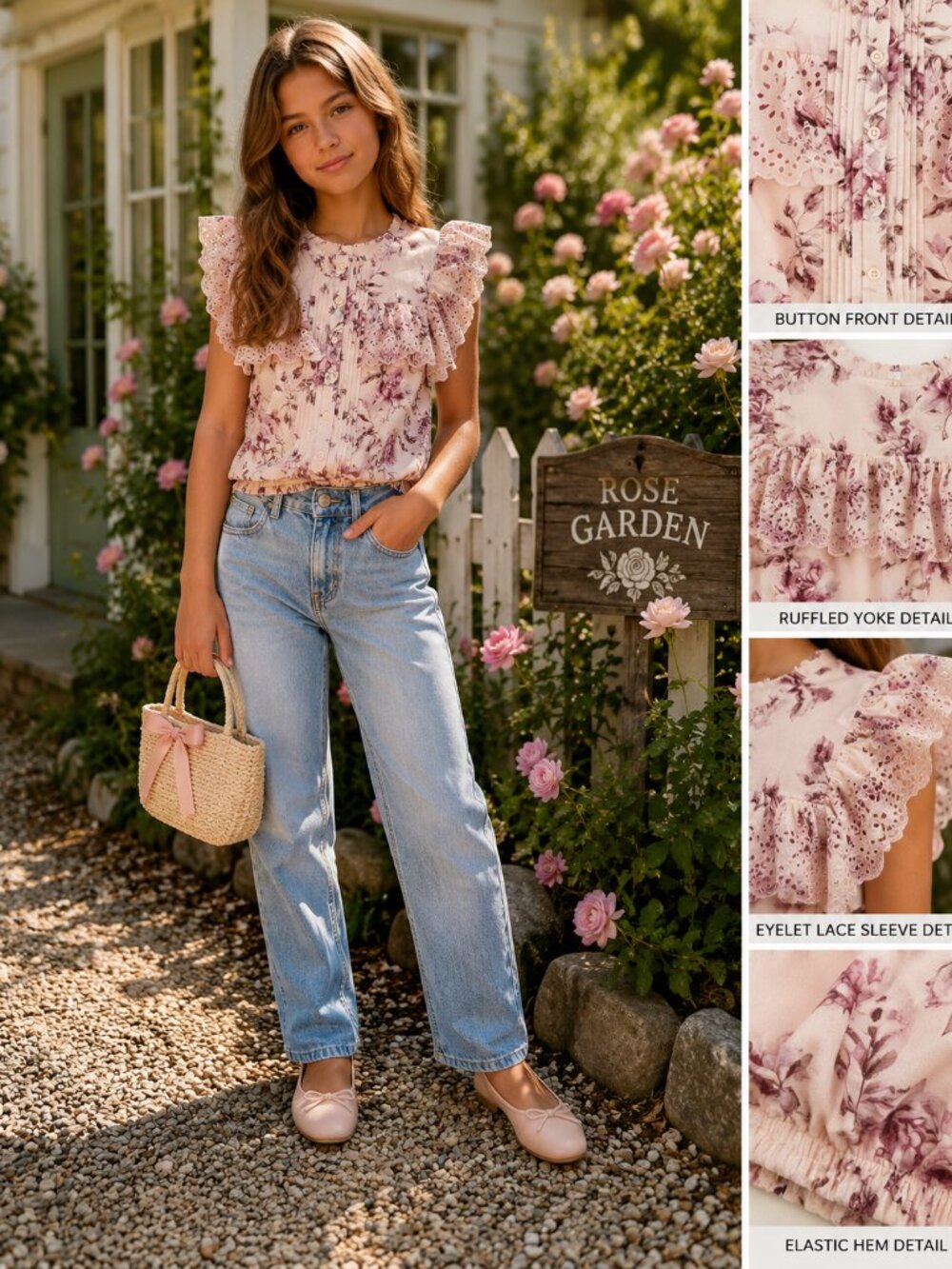 Gap x LoveShackFancy Girls XL 12-13 Pink Floral Eyelet Ruffle Top